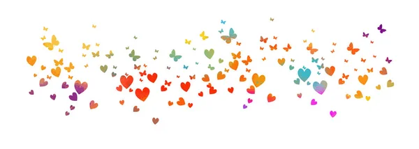 Många mångfärgade hjärtan med fjärilar. Glad alla hjärtans dag. Vektor illustration — Stock vektor