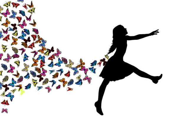 Little girl dancing with butterflies. Vector illustration