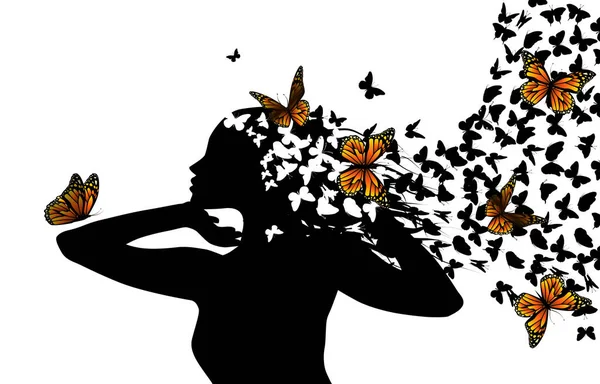 Silhouette ragazza con farfalle volanti. Illustrazione vettoriale — Vettoriale Stock