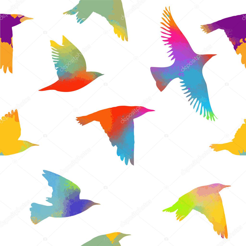 Multi-colored birds. A flock of flying rainbow birds. Seamless background with colored birds. Vector illustration
