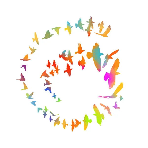 Oiseaux multicolores. Mosaïque d'oiseaux abstraite. Un troupeau d'oiseaux arc-en-ciel volant. Illustration vectorielle — Image vectorielle