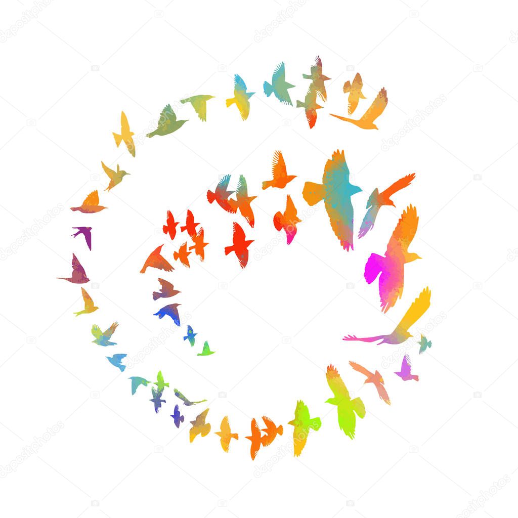 Multi-colored birds. Abstract bird mosaic. A flock of flying rainbow birds. Vector illustration