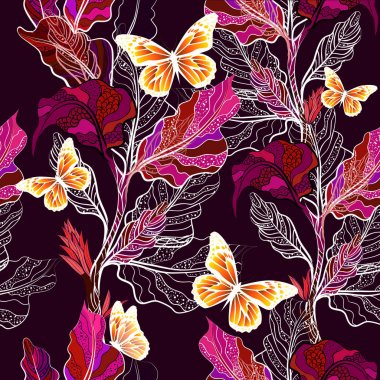 Kelebekler ile sorunsuz güzel arka plan yaprakları. Vektör çizimi