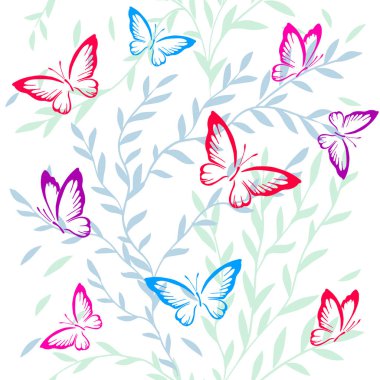 Dikişsiz arka plan kelebekler ile zarif dalları olduğunu. Vektör