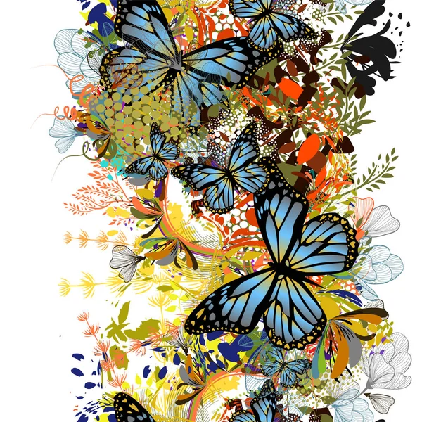 Flor abstração com borboletas. Fundo abstrato floral sem costura. Ilustração vetorial —  Vetores de Stock