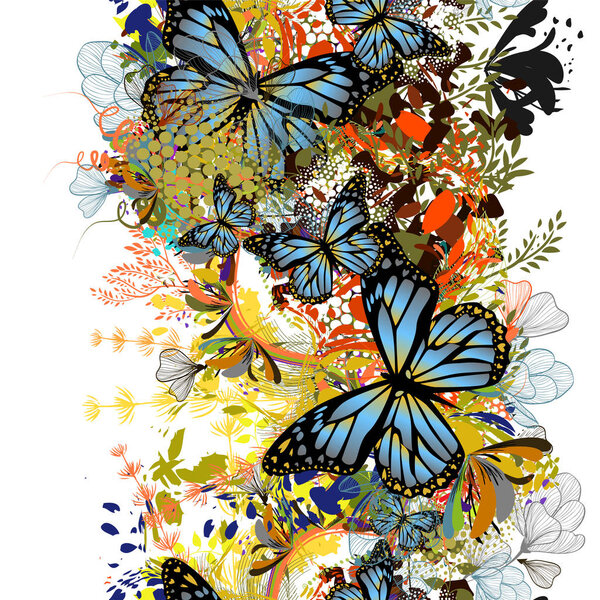 Flower abstraction with butterflies. Seamless floral abstract background. Vector illustration