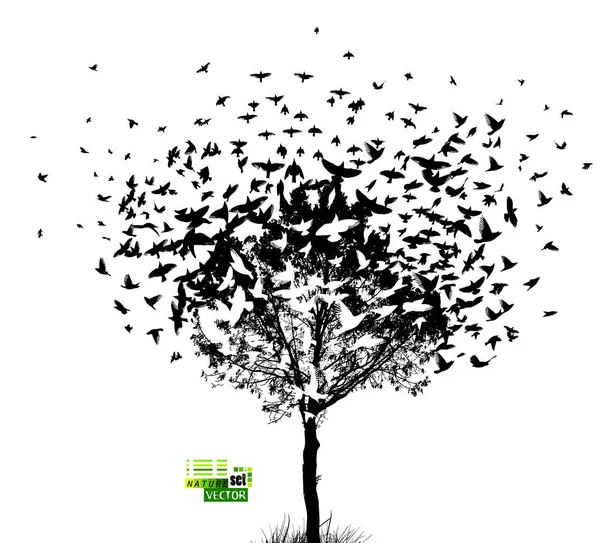 La silueta de un árbol con pájaros volando. Ilustración vectorial — Archivo Imágenes Vectoriales