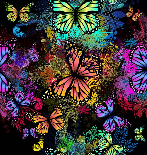 Abstracción de flores con mariposas. Fondo abstracto floral sin costuras. Ilustración vectorial — Vector de stock