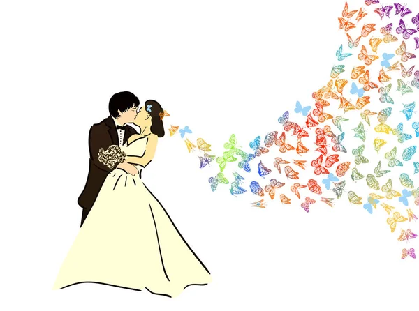 Silueta de Novia y Novio. Muchas mariposas voladoras. Ilustración vectorial — Vector de stock