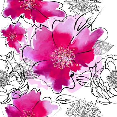 Pitoresk çiçekler ile sorunsuz bir arka plan. Vektör çizimi