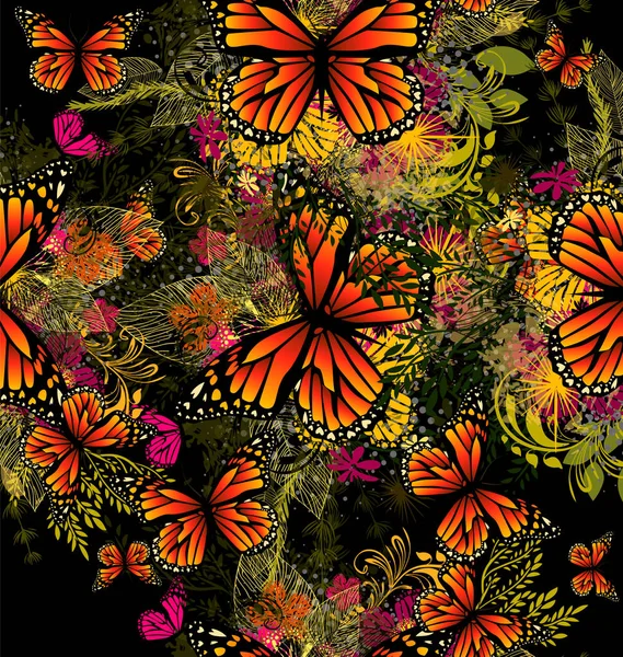 Blütenabstraktion mit Schmetterlingen. nahtlose florale abstrakte Hintergrund. Vektorillustration — Stockvektor