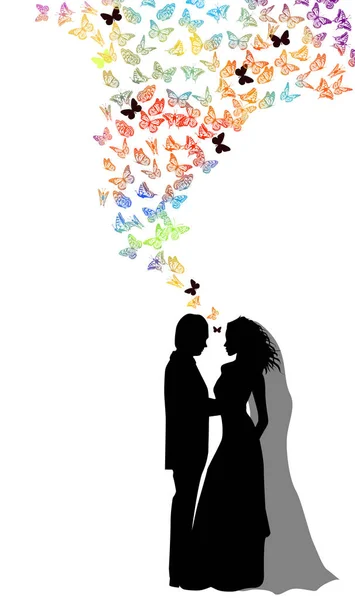Νύφη και γαμπρός Silhouette. Πολλές ιπτάμενες πεταλούδες. Εικονογράφηση διανύσματος — Διανυσματικό Αρχείο