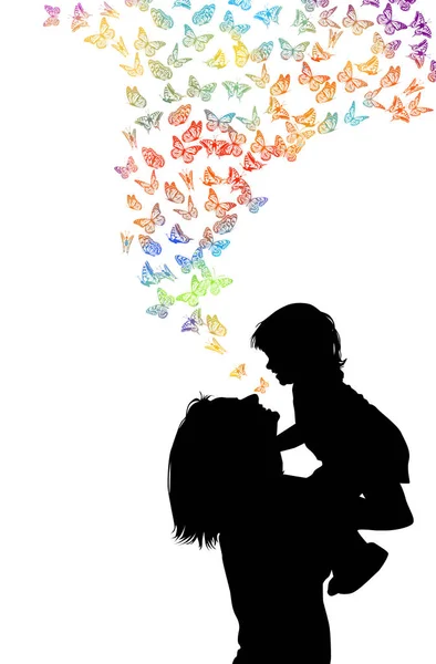 Silhouette of mother with daughter in her arms with butterflies. Vector illustration — Stock Vector