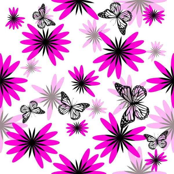 Um fundo floral sem costura com borboletas. Ilustração vetorial — Vetor de Stock