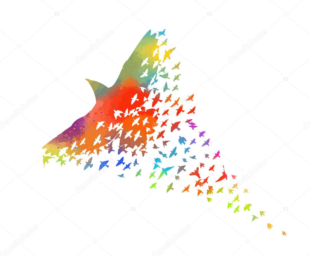 Multi-colored birds. Abstract bird mosaic. A flock of flying rainbow birds. Vector illustration