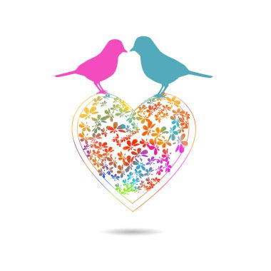 Kalp çiçeklerden çok renklidir. Aşık kuşlar. Sevgililer günün kutlu olsun. Vektör çizimi