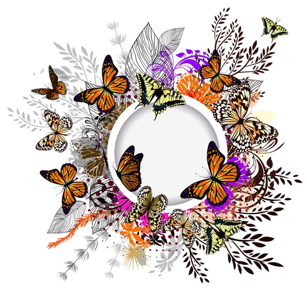 Flor abstração com borboletas. Quadro redondo com borboletas e flores. Fundo abstrato floral. Ilustração vetorial — Vetor de Stock
