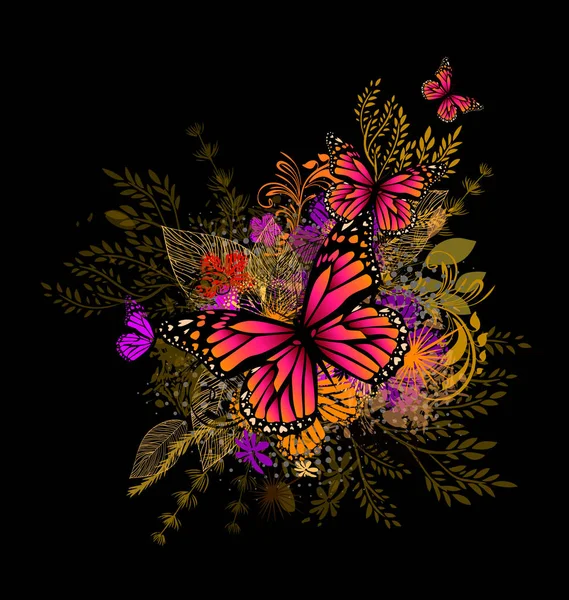 Abstraction de fleurs avec des papillons. Illustration vectorielle — Image vectorielle