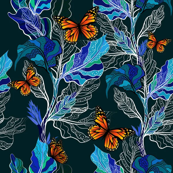 Kelebekler ile sorunsuz güzel arka plan yaprakları. Vektör çizimi