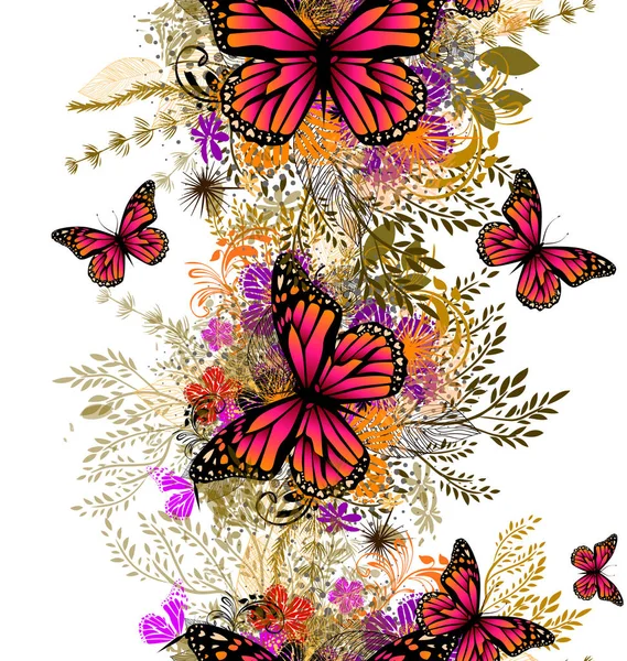 Abstraction de fleurs avec des papillons. Fond floral abstrait sans couture. Illustration vectorielle — Image vectorielle