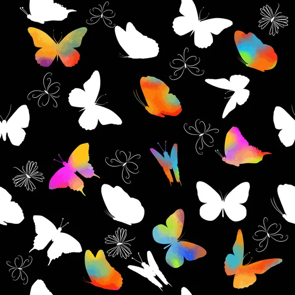 Färgglada fjärilar på en svart bakgrund. Sömlöst mönster med fjärilar. Vektor illustration — Stock vektor