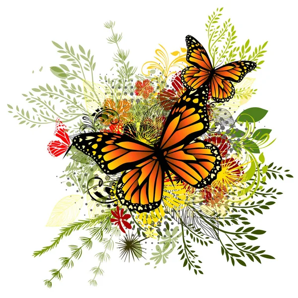 Abstracción de flores con mariposas. Ilustración vectorial — Vector de stock