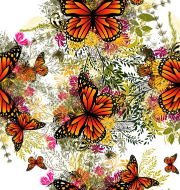 Kelebekler ile çiçek soyutlama. Dikişsiz çiçek soyut arka plan. Vektör çizimi