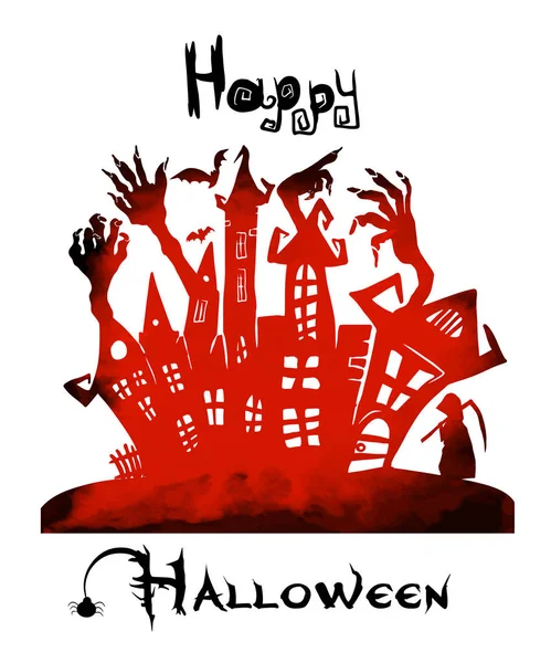 Feliz Halloween. Un castillo de horrores con fantasmas. Ilustración vectorial — Vector de stock