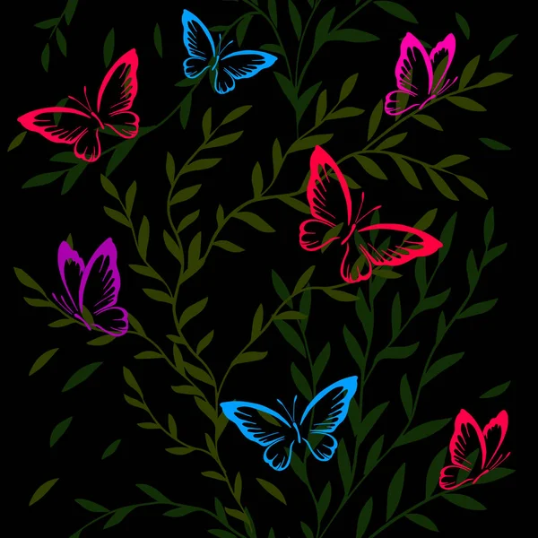 シームレスな背景は、蝶と優雅な小枝です。ベクトル — ストックベクタ