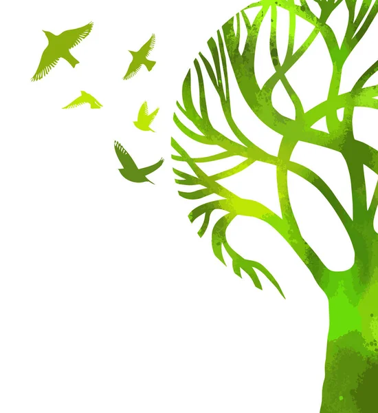 Kuşlarla stilize edilmiş güzel bir yeşil ağaç. Vektör çizimi — Stok Vektör