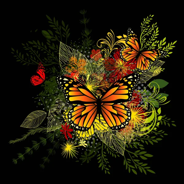 Abstracción de flores con mariposas. Ilustración vectorial — Vector de stock