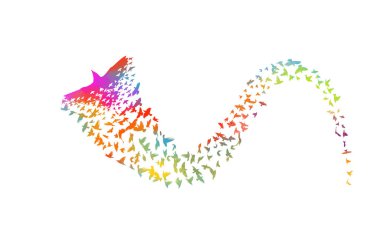 Çok renkli kuşlar. Soyut kuş mozaiği. Uçan gökkuşağı kuşları sürüsü. Vektör Illustration