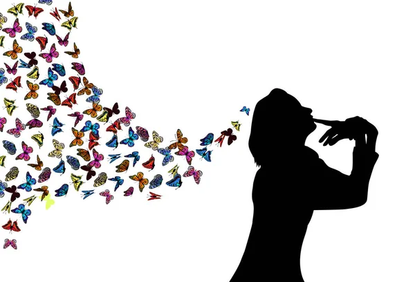 Siluet gadis dengan kupu-kupu terbang. Ilustrasi vektor - Stok Vektor