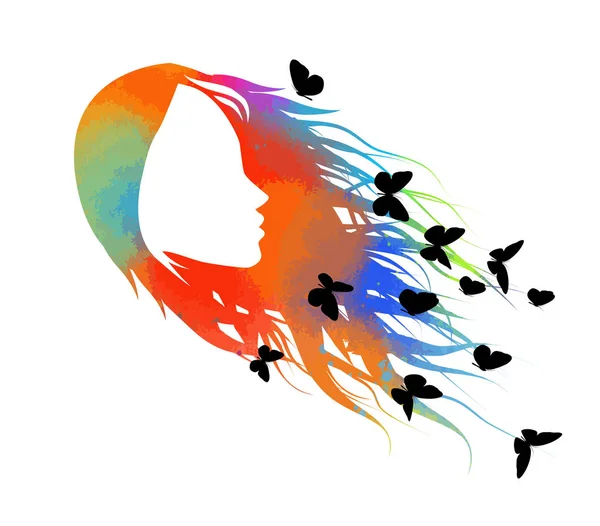 白い背景に隔離された彼女の髪から飛んで蝶と美しい多色の女の子のプロファイルシルエット - ベクトルイラスト — ストックベクタ