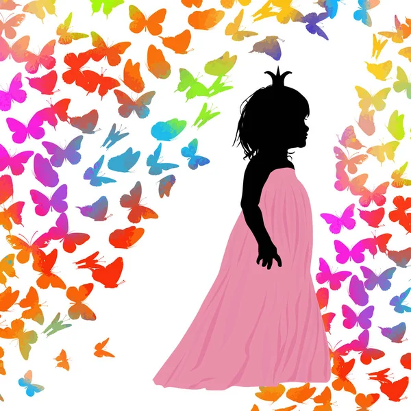 Kelebekler ile güzel kız profili siluet - vektör illüstrasyon