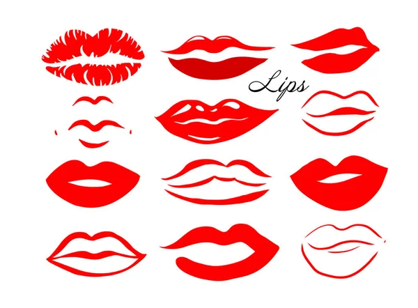 Set Red lips, sexy woman 's kiss with birthmark, flat style, vector illustration. Логотип красоты. Разноцветные губы — стоковый вектор