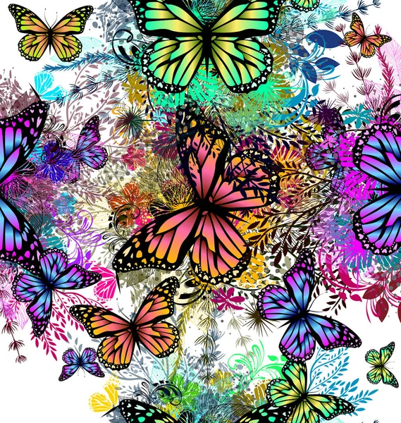 Abstracción de flores con mariposas. Fondo abstracto floral sin costuras. Ilustración vectorial — Vector de stock