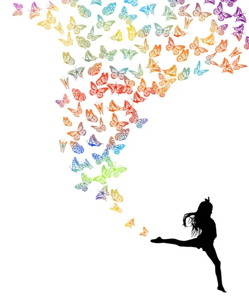 Kleines Mädchen tanzt mit Schmetterlingen. Vektorillustration — Stockvektor