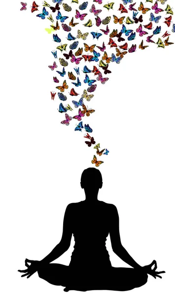 Muchas mariposas voladoras. Silueta de yoga. ilustración vectorial — Archivo Imágenes Vectoriales