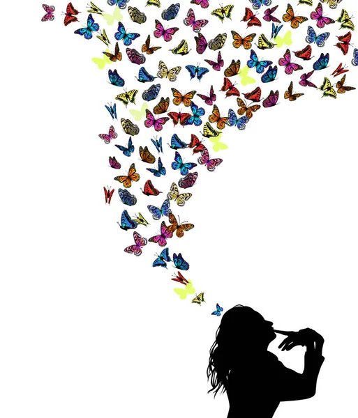 Silhueta menina com borboletas voadoras. Ilustração vetorial — Vetor de Stock