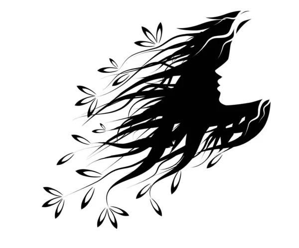 Krásná černobílá silueta s květinami ze svých vlasů, ilustrace z izolovaného vektoru — Stockový vektor