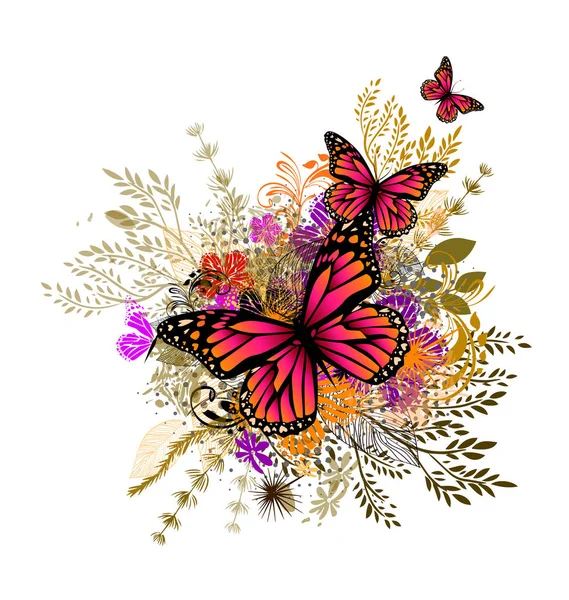 Abstracción de flores con mariposas. Ilustración vectorial — Vector de stock