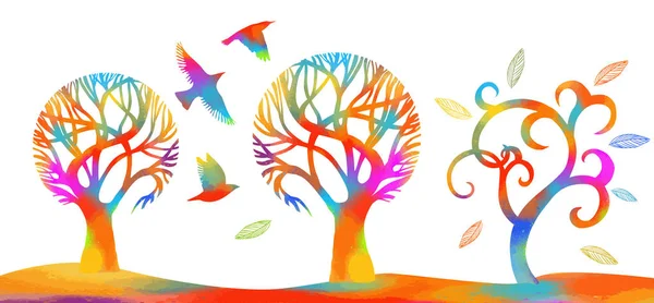 Un hermoso árbol multicolor estilizado con pájaros. Ilustración vectorial — Archivo Imágenes Vectoriales