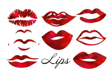 Set Kırmızı dudaklar, doğum lekesi ile seksi kadın öpücüğü, düz stil, vektör illüstrasyon. Güzellik logosu. Eleman tasarımı çok renkli dudaklar
