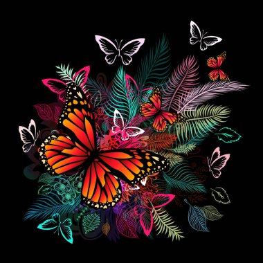 Kelebekler ile çiçek soyutlama. Vektör çizimi