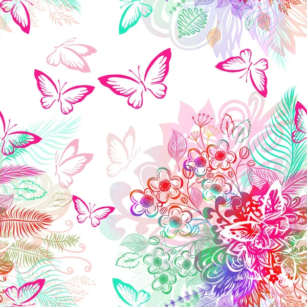 Квіткова абстракція з метеликами. Безшовний квітковий абстрактний фон. Векторні ілюстрації — стоковий вектор