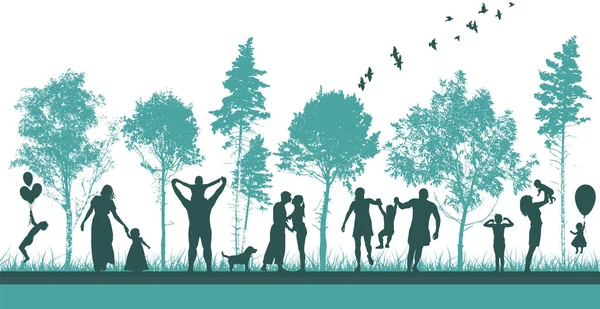 Silhouettes of people in nature. Happy families together. Vector — Stock Vector