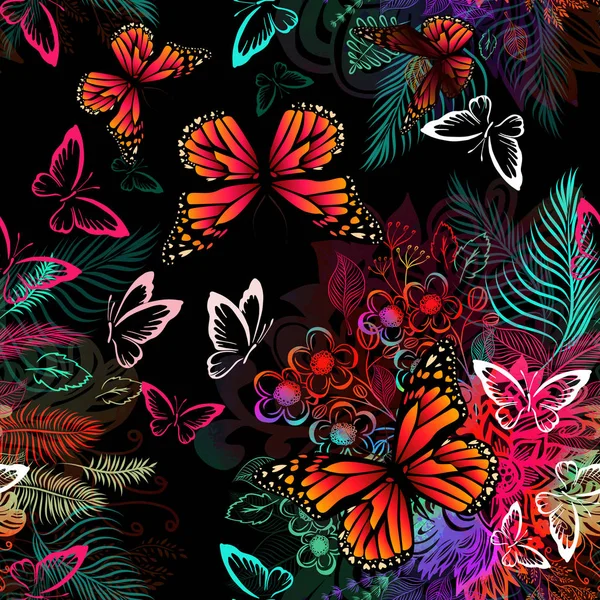 Abstracción de flores con mariposas. Fondo abstracto floral sin costuras. Ilustración vectorial — Vector de stock