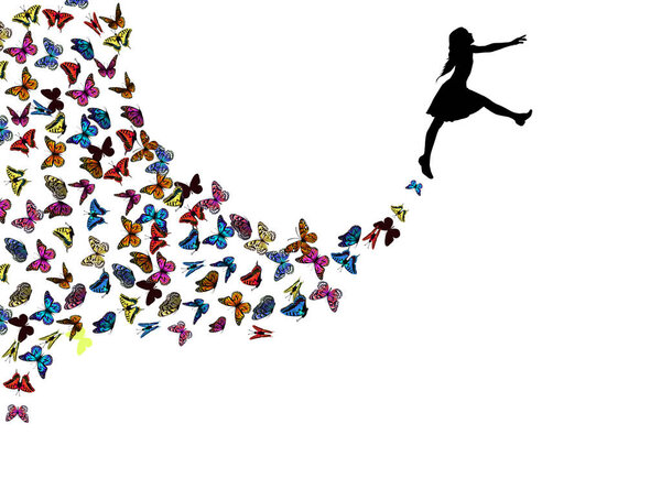 Little girl dancing with butterflies. Vector illustration