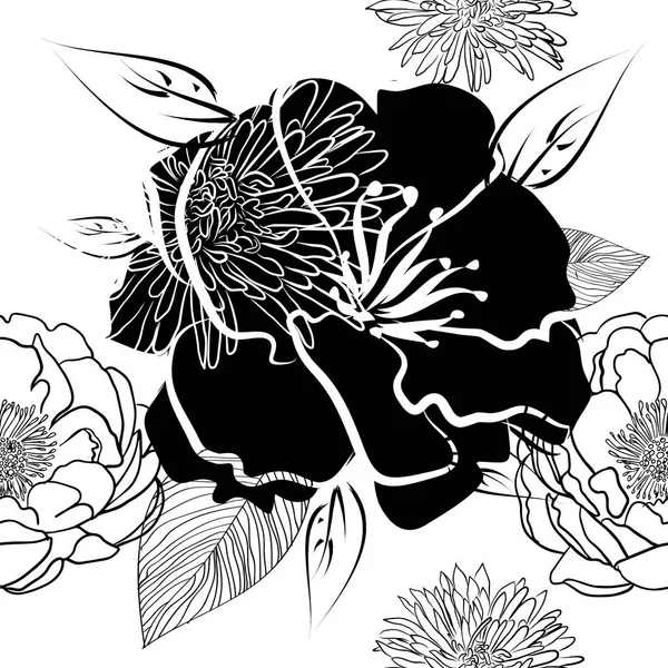 モノクロの花のシームレスな背景。ベクトルイラスト — ストックベクタ